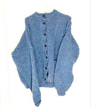Rossan Knitwear Wool Cardigan Blue Multicolor Chunky Knit Made in Ireland